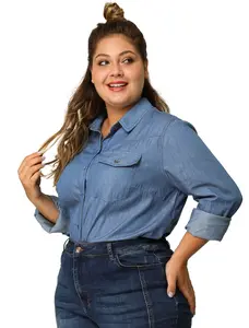 Agnes Orinda Plus Size Denim Shirt Long Sleeves Chest Pocket Button Down Chambray Shirts