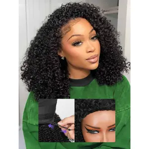 Kinky Curly Half Wig Human Hair 200 Density Glueless Wigs Upgrade 3 IN 1 Half Wig With Drawstring Seamless Clip Ins Flip Over Half Wigs Glueless Headband Wig Beginner Friendly Natural Color 18Inch