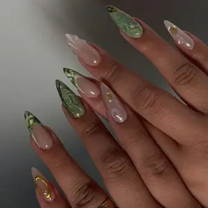 S159 Marble Green Press-On Nails, Long Stiletto Tips, 3D Gold Drop & Shell Details, Elegant Earth Tones, Custom Handmade, Solana Nails Town
