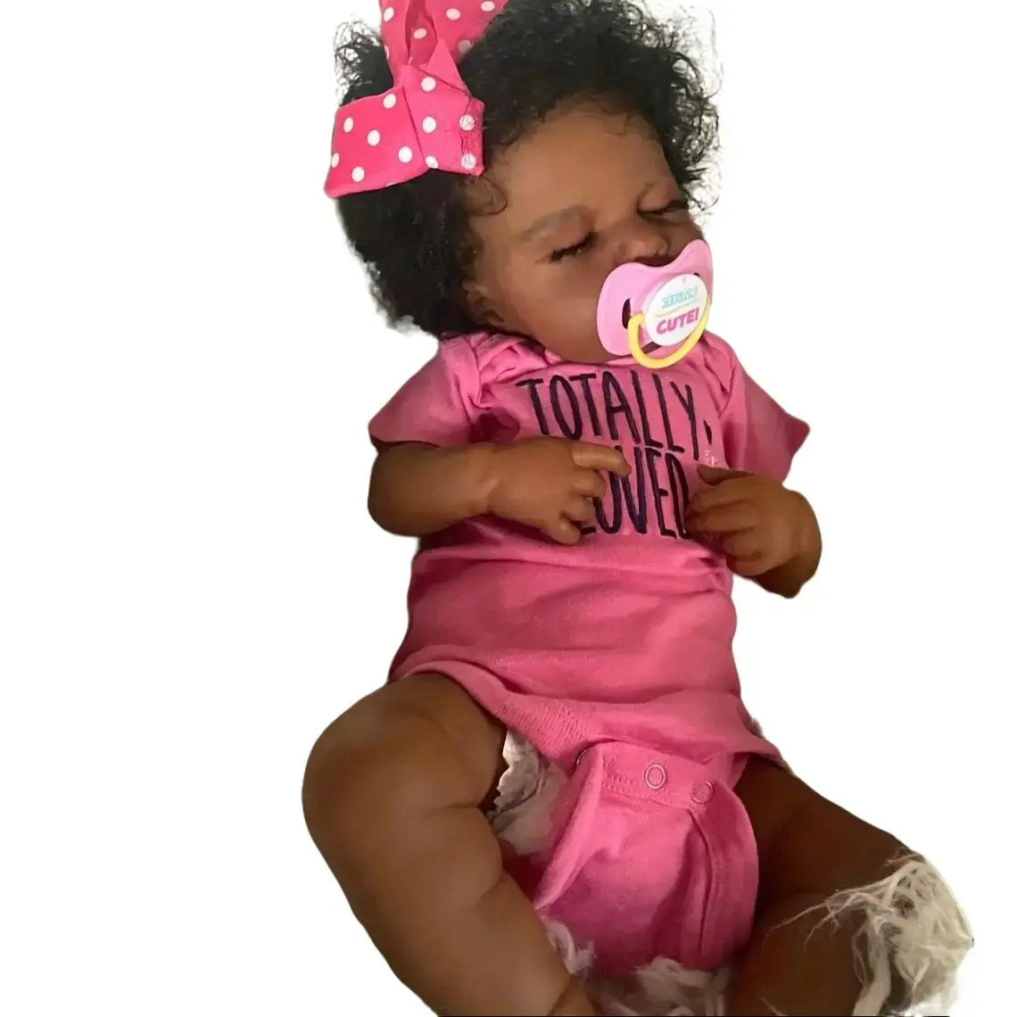 19-in (49cm) Lifelike Realistic Newborn Reborn Baby Doll, Handmade Rooted Curly Hair Soft Stuffed Baby Doll with Pink Bow & Pacifier, Halloween-Christmas Gift Toy
