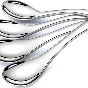 4 Piece Set Soup Spoons, Stainless Steel 6 Inch Short Handle Asian Ramen Spoons, Dishwasher Safe Silver Color Tableware for Soup and Tea Kitchenware