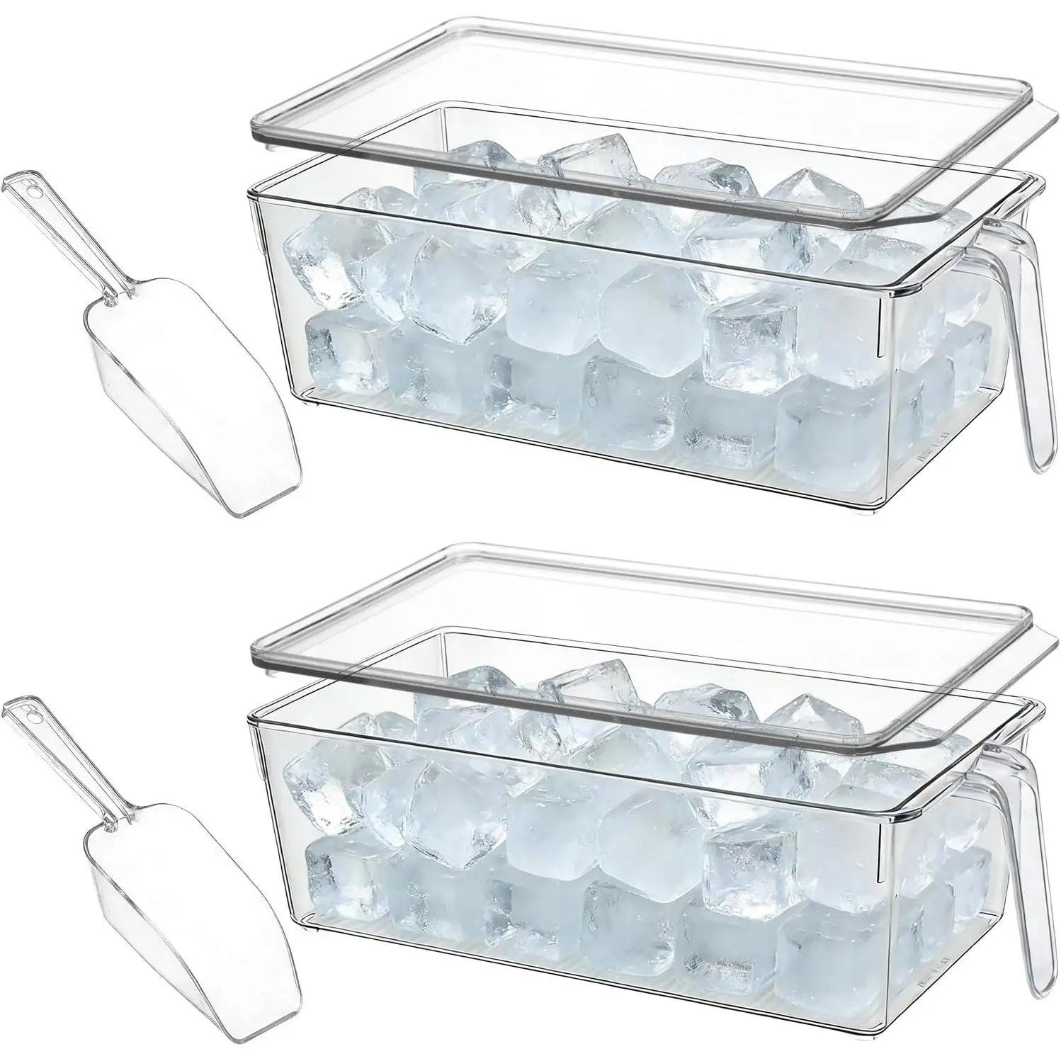 2 Set Ice Bin for Freezer with Lid and 2 Scoop Set Plastic Freezer Ice Bin with Pull-Out Handle Clear Storage Bucket Kitchen  Storage Organizer for  Office Fridge Kitchen
