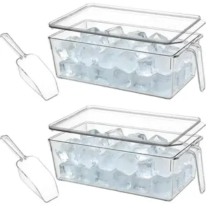 2 Set Ice Bin for Freezer with Lid and 2 Scoop Set Plastic Freezer Ice Bin with Pull-Out Handle Clear Storage Bucket Kitchen  Storage Organizer for  Office Fridge Kitchen