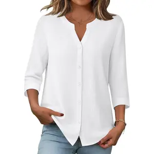 Women's Minimalist Basic Lady 3/4 Sleeve Linen Cotton V-Neck Button Down Shirts, Casual Loose Work Blouses,summervibes