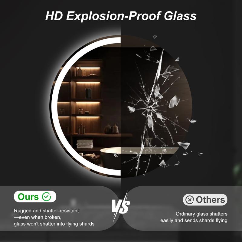 【Valentine's Day Gifts】Round LED Bathroom Mirror with Lights, Circle Vanity Mirror with Anti-Fog, Dimmable, 3-Color Light, Memory Function, Tempered Glass