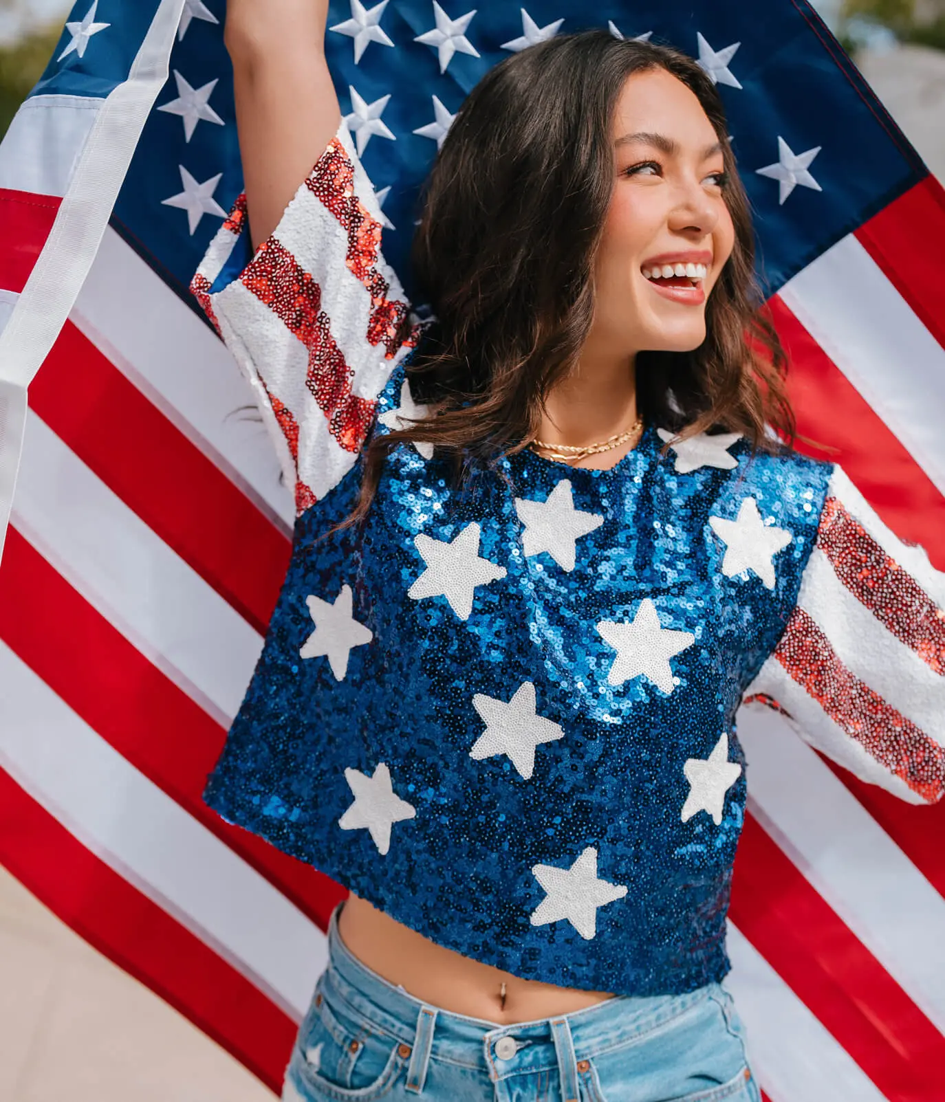 Women's Sequined Stars-and-Stripes Flag Cropped Tee, Casual Comfy Cropped Fit, Fire Style for Insta Stories, Party, Photo Ops, Tops, Sequins, Red White Blue Glitter Star Women's T-Shirts