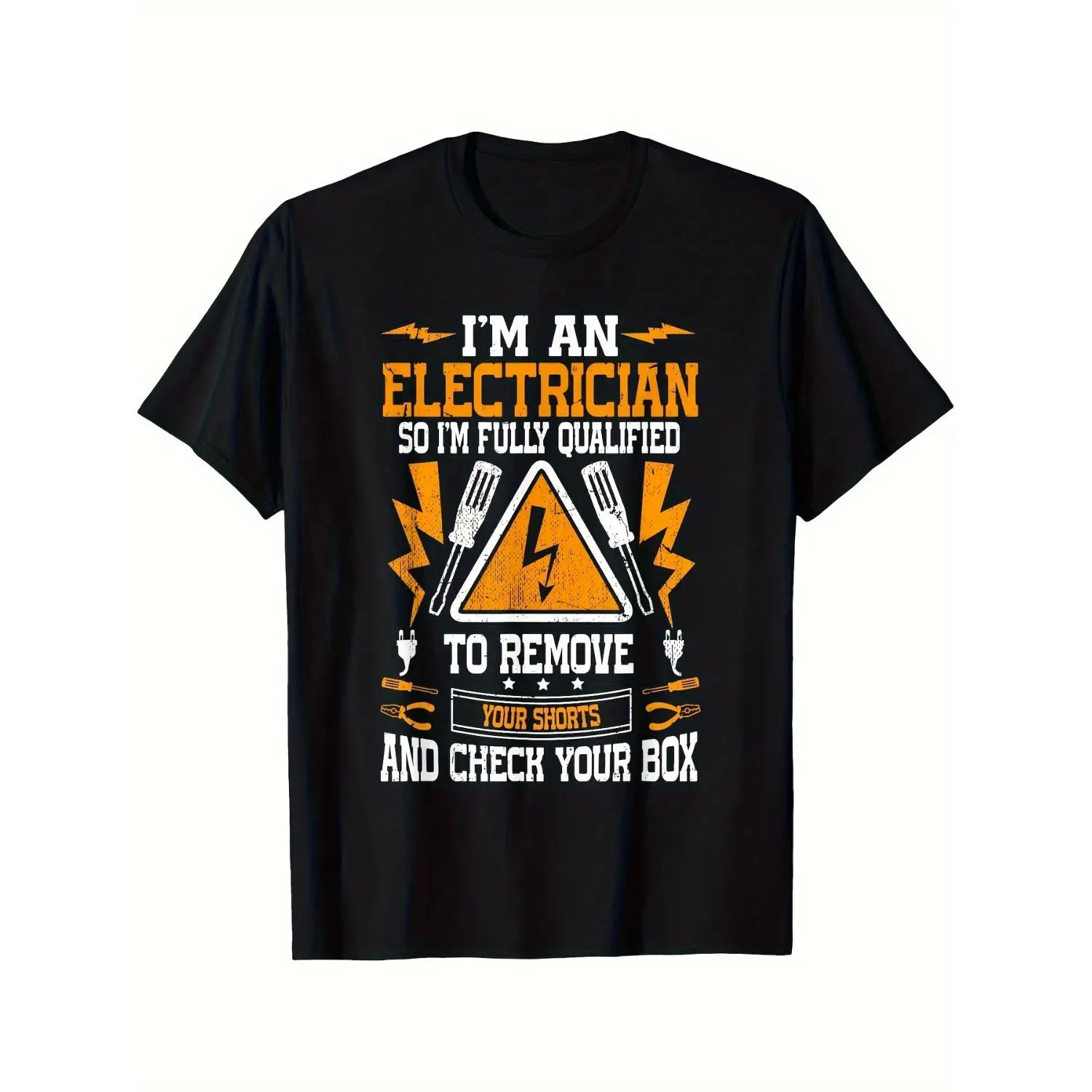 1pc Funny Electrician Humor Men's T-Shirt - "I'm a Fully Qualified Electrician" Slogan with Lightning & Tools Graphic, Black Short Sleeve Round Neck Casual Tee, Machine Washable Gift for Electricians, Humorous Clothing, Durable Print