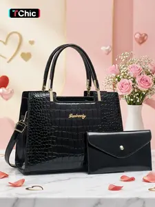 Valentine's Day Women's PU Crocodile Pattern Square Handbag, Classic Commuter Office Tote Bag, Elegant Crossbody Bag, Perfect Gift for Wife
