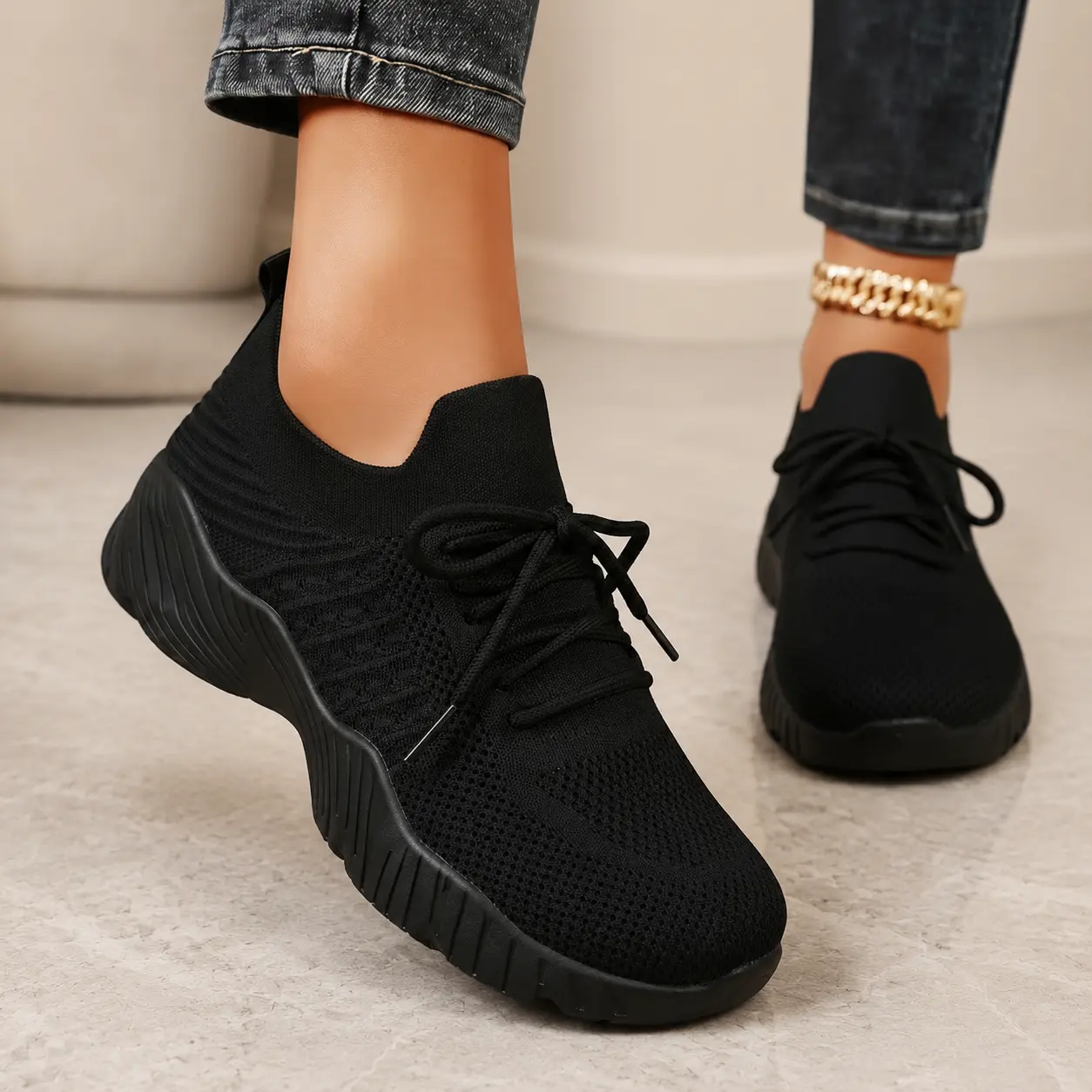 Women's Breathable Knit Walking Shoes, Lace-Up Athletic Sneakers with Flexible Textured Sole, Casual Everyday Shoes