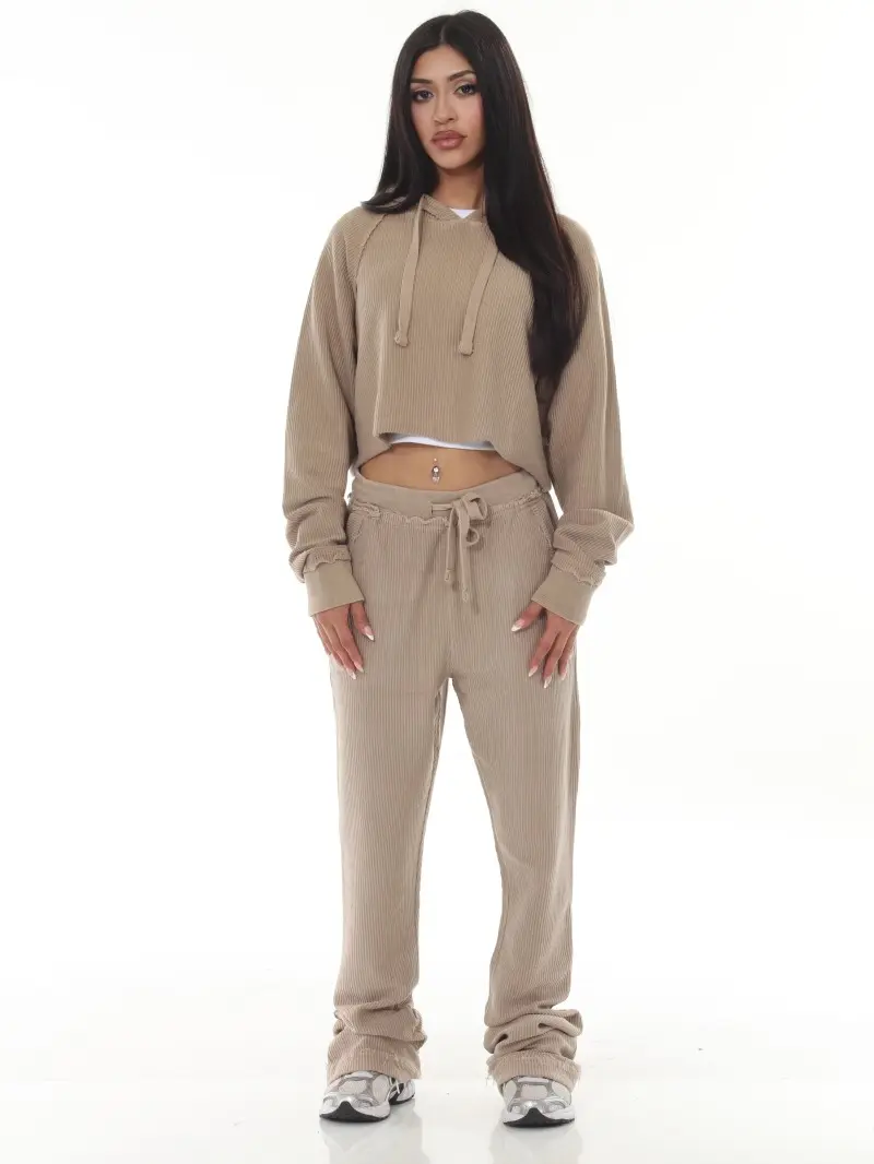 Cropped Sand Corduroy Flared Sweatsuit for Women - Comfortable & Stylish Loungewear Set