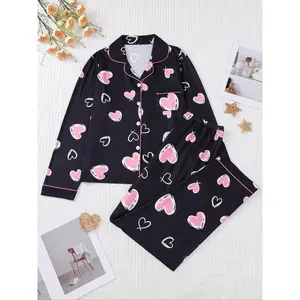Women's Christmas pajama set, heart-shaped printed long sleeved shirt and elastic pants, soft knit casual home wear, holiday party pajamasRAIMENTRY
