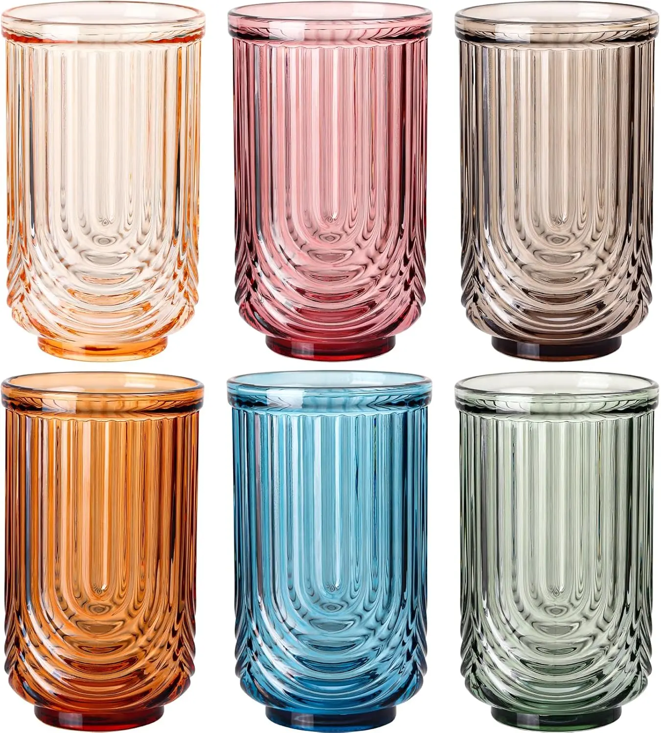 Stylish Colored Vintage Glassware Set of 6 - 17oz Ripple Highball Drinking Glasses, Art Deco Tumblers for Beverage, Water, Whiskey - Ideal Housewarming Gift Idea for Him/Her