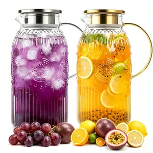 Glass Pitcher with Lid, 68 oz/ 2 Liter 2Pack Vintage Water Pitcher,Glass Water Carafe for Cold Brew, Coffee, Lemonade, Iced Tea,Beverage, Heat Resistant Jug(Gold&Silver Lid)