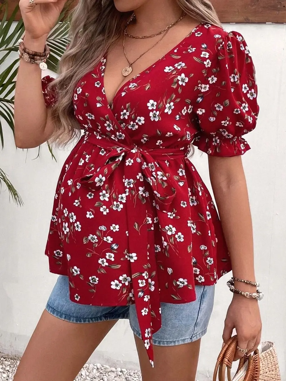 Maternity Floral Print Blouse, Elegant Puff Sleeve Belted Pregnancy Top for Baby Shower