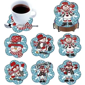 6-Piece DIY Diamond Painting Coaster Set with Stand, Christmas Snowman Theme, Round & Unique Shapes, Wooden Craft Kit for Adults & Beginners