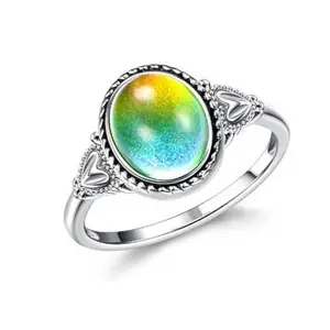 BeiVer Mood Rings Moonstone for Women Vintage Handmade Victorian Oval Solitaire Ring 18K White Gold Plated Color Change Trendy Daily Wear Gift shippin