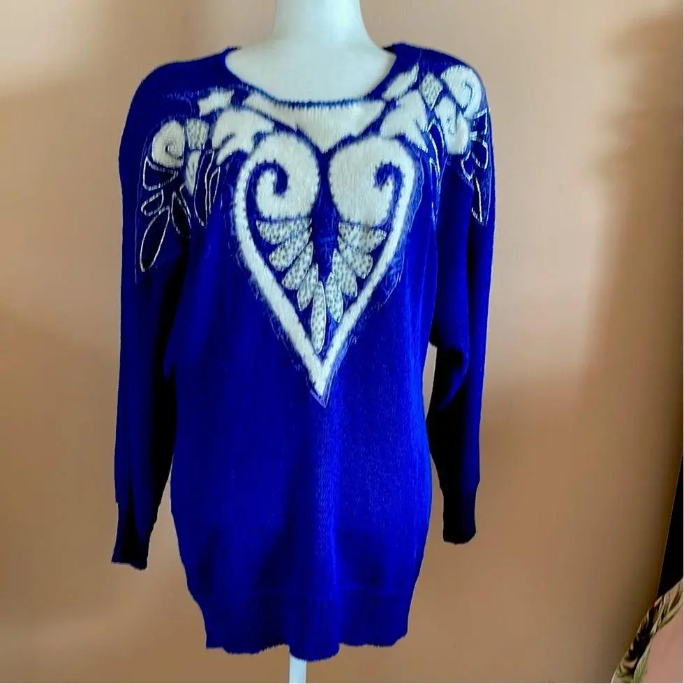 80s Vintage Alan Manchel  Blue Angora Vintage Cool Decorative Stylish Knit Sweater M