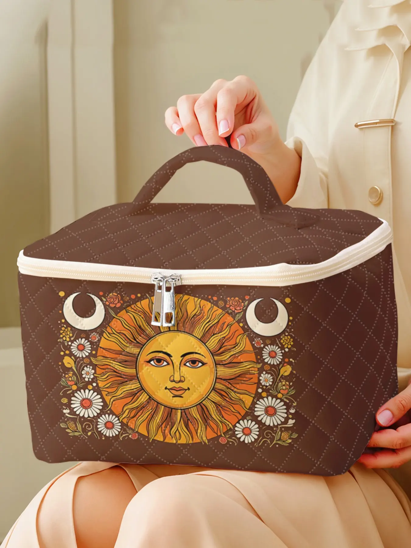 Sunflower Pattern 2D Print Portable Travel Makeup Bag, Large Capacity Cosmetic Organizer, Cute Fashion Makeup Case, All Seasons