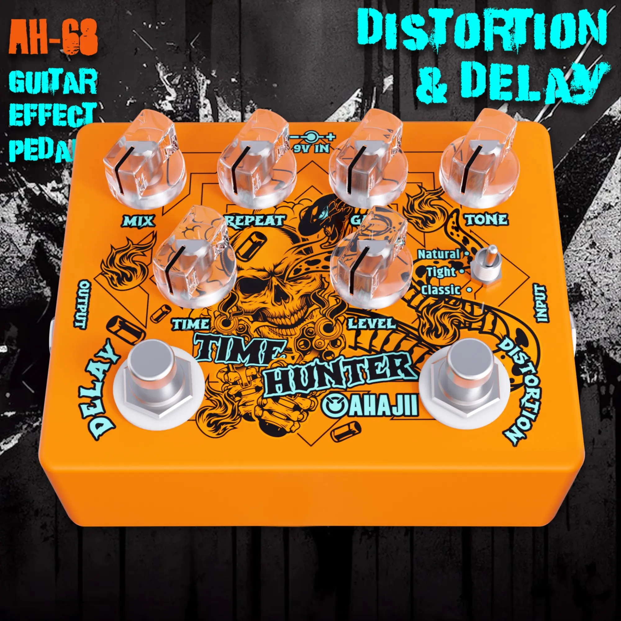 Ahajii Ah68 Dual Pedal Effects Processor, Distortion + Delay, Electric Guitar, 9v Powered, Ideal for Practice, Stage, Parties, Bands