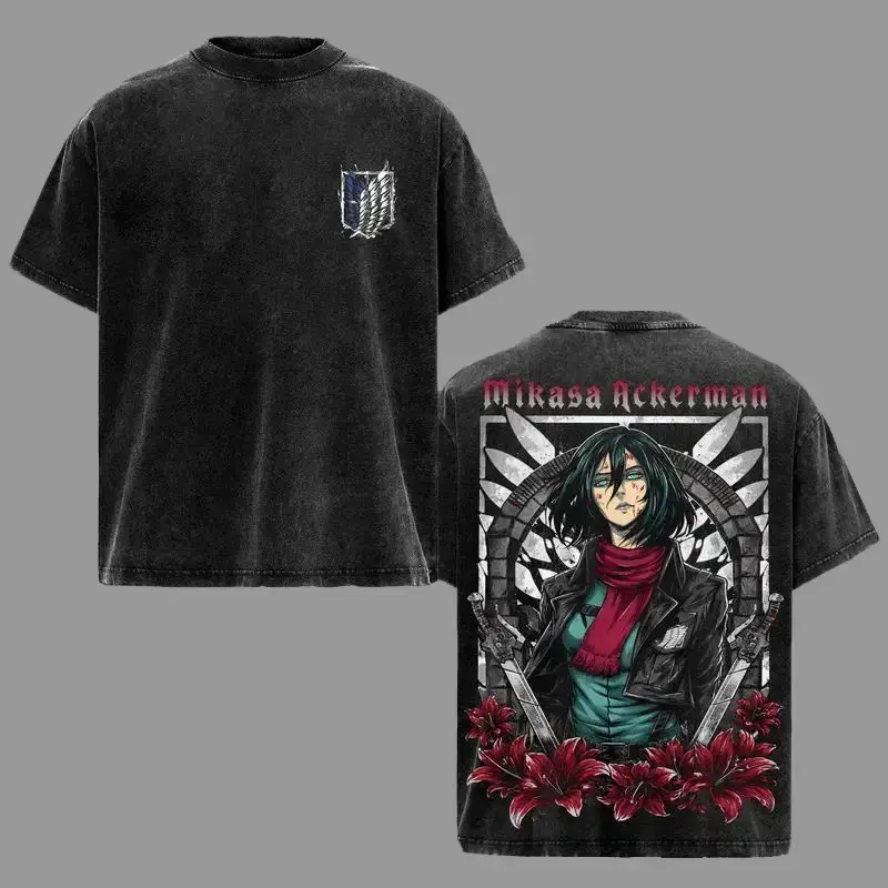 Men's Vintage Washed Oversized Mikasa Ackerman Graphic T-Shirt - Attack on Titan AOT Scout Regiment Warrior, Menswear Top, Japanese Anime Streetwear, Manga Aesthetic Unisex Short-Sleeve Tee Crewneck Tshirt