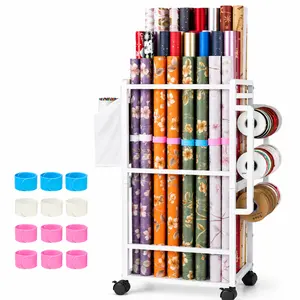Vertical Gift Wrapping Paper Organizer Rack - Rolling Storage Cart with Adjustable Rod, Ribbon Organizers, 12 PCS Slap Bracelets, White, Racks outdoorfun