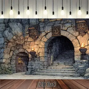 Medieval Castle Stone Wall Background Banner • Ancient Arch Entrance, Barrier and Lantern Style Structure • No Electricity Required • Birthday Party Decoration • Medieval Theme Event • Photo Booth • Durable Indoor and Outdoor Decoration