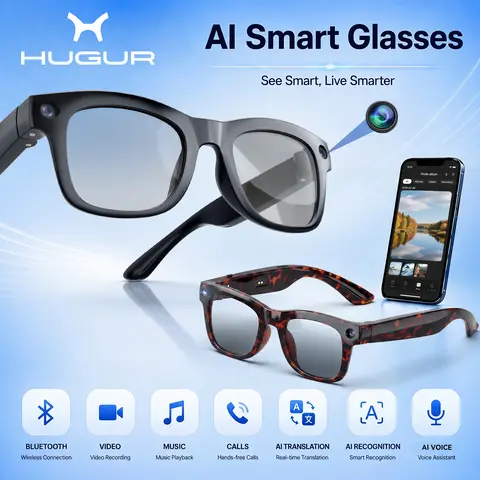 HUGUR Portable Smart AI Camera Glasses - Rectangular 8MP Photochromic Lenses, Button-Touch Adjustable, 1080p HD Hands-Free Photography/Video Recording, 160+ Languages Real-Time Translation, Bluetooth-Enabled Android Compatible, UV Protection, for Cycling
