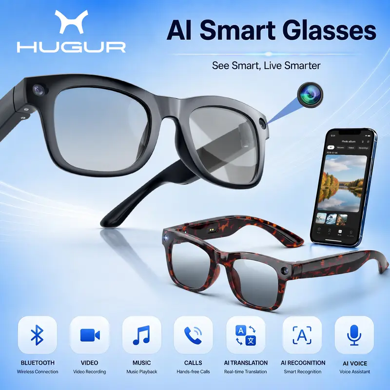 HUGUR Portable Smart AI Camera Glasses - Rectangular 8MP Photochromic Lenses, Button-Touch Adjustable, 1080p HD Hands-Free Photography/Video Recording, 160+ Languages Real-Time Translation, Bluetooth-Enabled Android Compatible, UV Protection, for Cycling