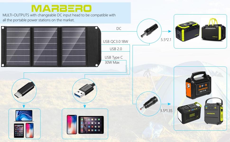 MARBERO 30W Portable Solar Panel 23% High Efficiency Foldable Solar Panel Charger QC3.0 USB & DC Port Compatible with Cell Phone Ipad Laptop IP65 Waterproof for Camping Outdoor Cloudy