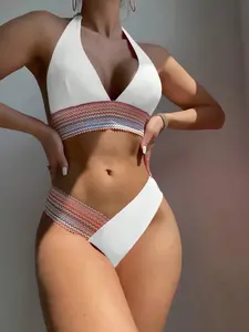 Sexy Women's Bikini Set Bohemian Style Halter Top V-Neck Two-Piece Swimsuit, Beach Bathing Suit, Fitted Casual Swimwear for All Seasons, Summer Swimsuits, Plain Bikini Set, Halter Bikinis Set, Bikini Swimsuit Outfit