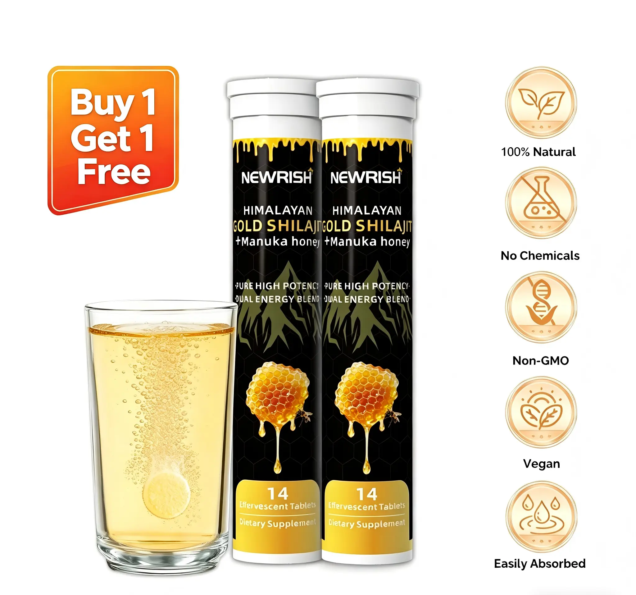 Newrish Pure Himalayan Shilajit Effervescent Tablets – Natural Energy & Stamina Support – Non-GMO – Lab-Certified / 85 Trace Minerals – Buy 1 Get 1 Free