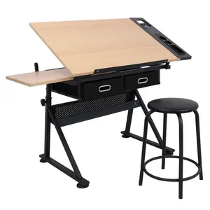 SuperDeal Adjustable Drafting Drawing Table Craft Tiltable Tabletop with Stool + 2 Drawers