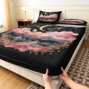 3pcs Dreamy Pink Cloud Moon Mountain Printing Fitted Sheet Set, Celestial Starry Sky Printing Bedroom Decor Bedding,Four-season Luxury Bedding Home or Dorm(1 Duvet Cover+2 Pillowcases,No Pillow)