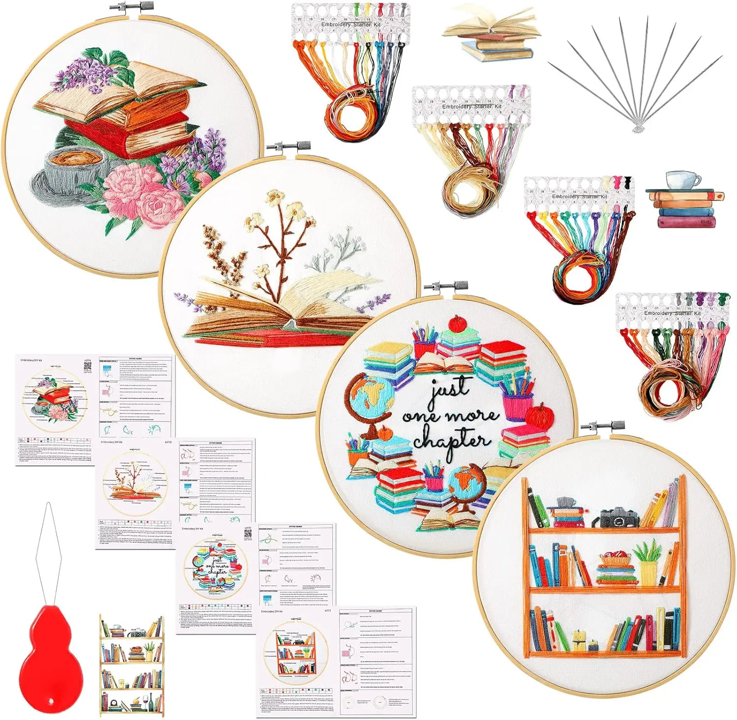 4 Set Embroidery Kit for Beginners Adults Book Lovers Funny Cross Stitch Embroidery Kit with Bamboo Hoops Needles Threads Instructions Needle Threader(Classic)