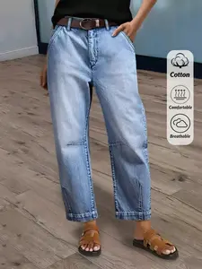 Women's Casual Elegant Light-Washed Tapered 7/8 Length Denim Jeans With Pockets And Pleated Details, Four-Season Essential, Slim-Fitting Plain Design, Perfect for All Seasons, Fashionable Ladies' Clothing, T-Chic