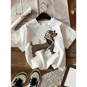 Womens Cotton Graphic Tee Cute Dog Print Puppy Lover Design Top Retro Style Streetwear Soft Breathable Short Sleeve Shirt Casual Summer Outfit Gift Idea for Pet Lovers Trendy Aesthetic Daily Wear Comfortable Crewneck Tee