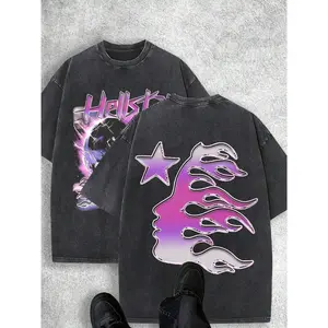 Oversized Washed Black T-Shirt - Hellstar Flame Skull Purple Gradient Crack Print Streetwear Tee