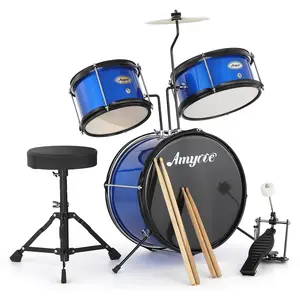 3 Piece Kids Drum Set with Cymbal, 2 Drumsticks, Pedal, 2 Tom,Beginner Junior Drum Kit with Throne Stool, Musical Instruments for Boys and Girls,Blue Groove Time