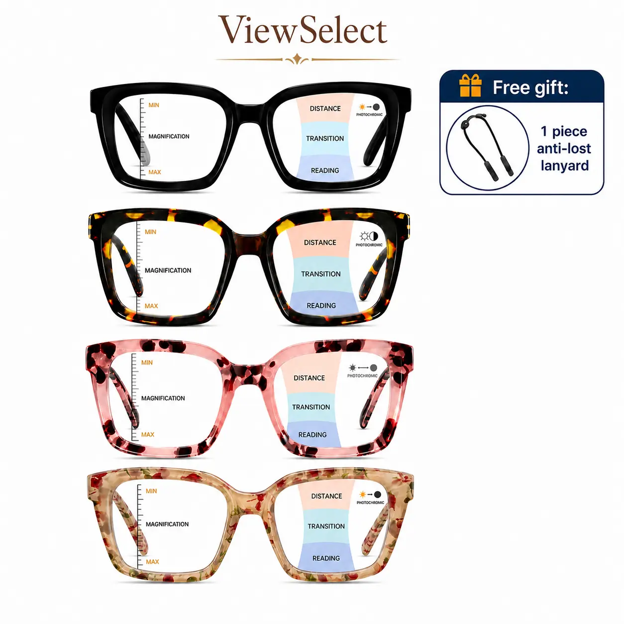 ViewSelect Oversized Square Progressive Reading Glasses - Blue Light Blocking Multi-Pack Readers with Pads, Spring Hinge, Lightweight Anti-Glare Daily Computer Eyeglasses for Women & Men