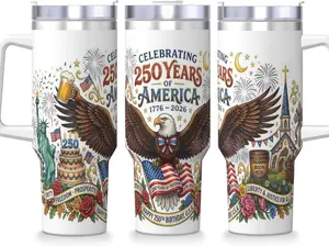 ShinyKT 40oz (1,000-2,000 ml) Stainless Steel Insulated Tumbler with Handle, Lid - Full-Color Celebration Print, Independence Day 1776-2026 Gift for Patriots - Kitchenware Drinkware for Coffee, Water