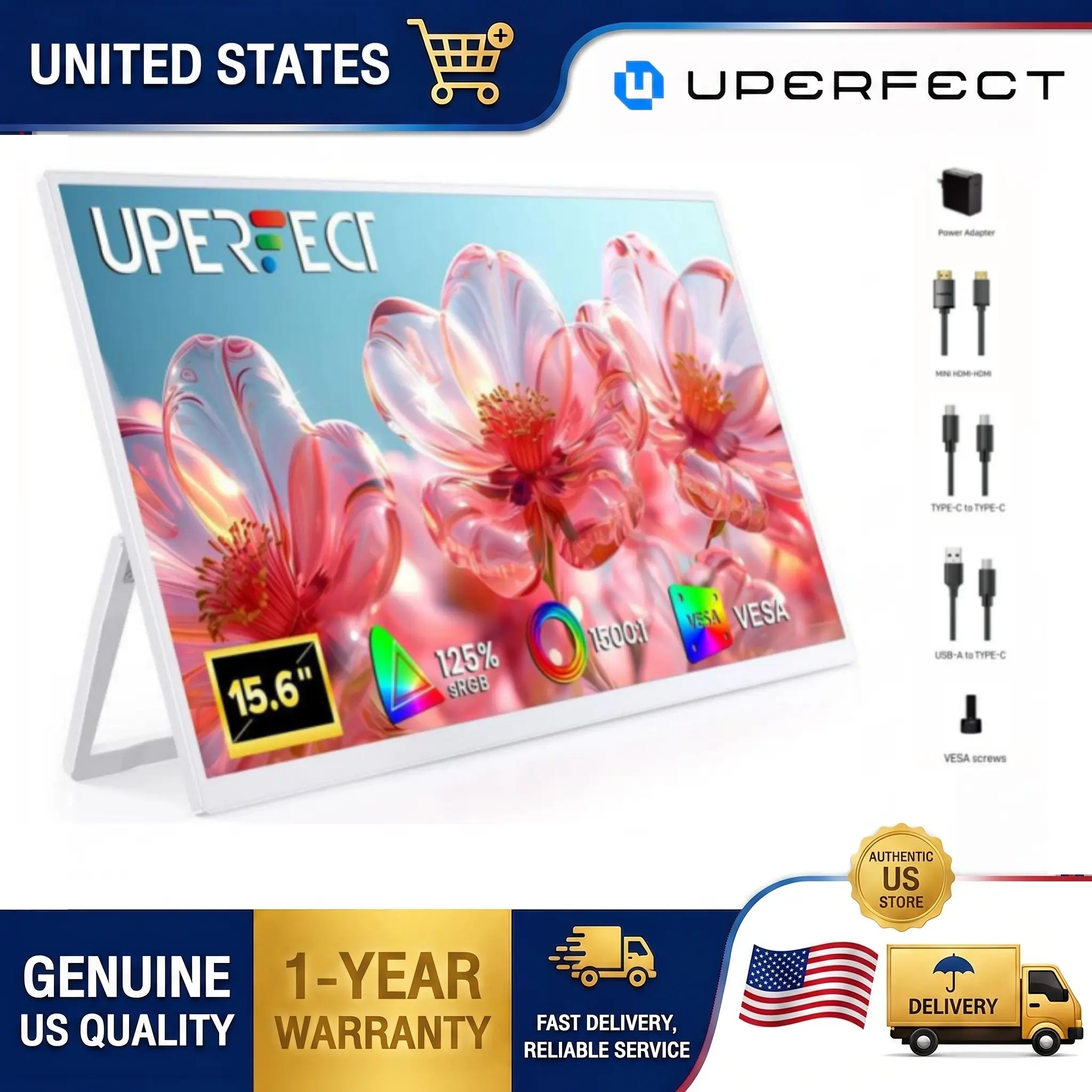 UPERFECT 15.6in 60Hz IPS Portable Monitor - Black White, Ultra-thin, Lightweight, Compact, Blue Light Filter, USB-C/HDMI Ports, Built-in Speakers, Single-cable Connectivity for Laptops, Gaming Consoles, Mobile Phones, Tablets, 1* 5V 3A Power Adapter