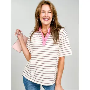 Oversized Striped Knit Top with Button Trim Collar