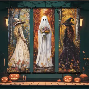 Halloween Hanging Banner, 3 Counts/set Ghost & Witch Pattern Wall Decor, Wall Art for Home Living Room Bedroom Decoration