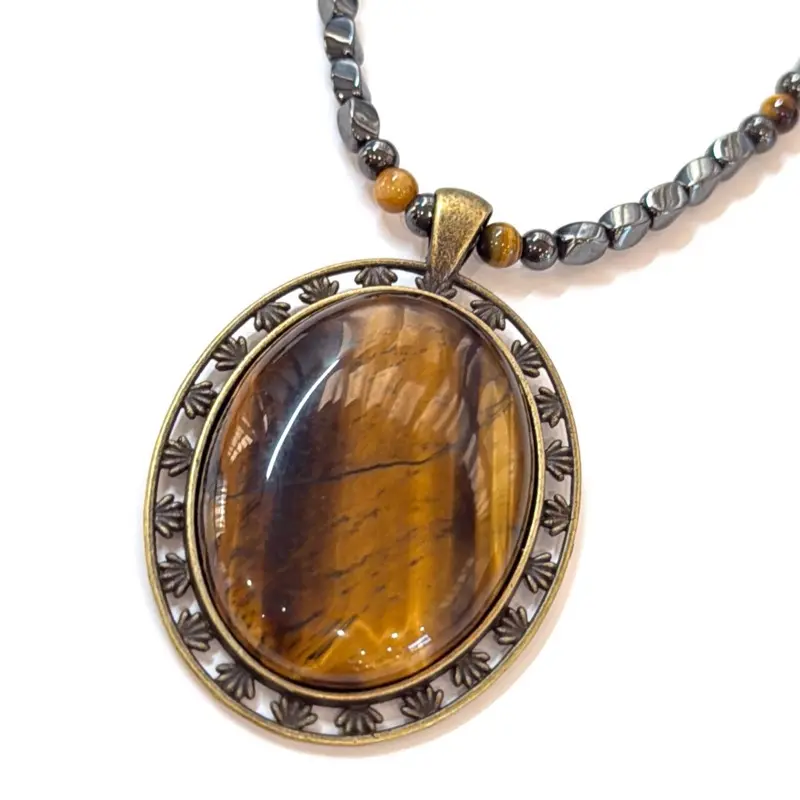 Magnetic Hematite Necklace with Tiger Eye Pendant - Unique Design