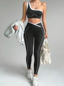 Seamless One-Shoulder Top & Criss-Cross Waist 3/4 Pants Yoga Gym Outfit Navy Blue Athleisure