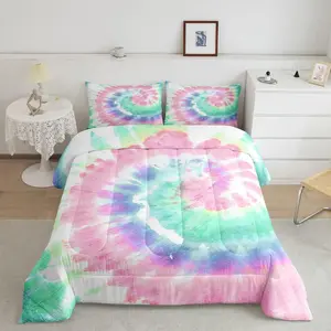 Feelyou Tie Dye Comforter Set - Girls Boho Psychedelic Pink Microfiber Bed Set, Bohemian Watercolor Quilted Duvet Insert, Machine Washable Bedroom Bedding, Exotic Spiral Design, Bedroom Bedding Set