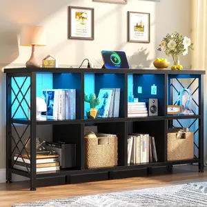 【Spring Sale】Raybee Furniture 6/8 Cube Storage Organizer, Large Capacity with LED Light and Charging Station, Open Wood and Metal Bookshelf for Spring Home Refresh, Long Horizontal Display Rack for Closet Organization, Bedroom, Office, Home Office Decor