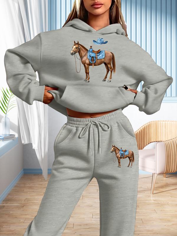 Western Style Horse Cowboy Hat Women's Sportswear Set, Vintage Western Art Print, Casual Fall & Winter, Comfortable All-Season Wear