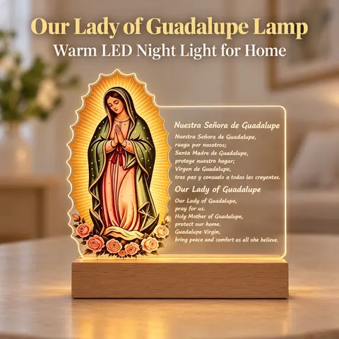 Our Lady of Guadalupe Acrylic LED Night Light - Spanish Hail Mary Prayer Lamp with Solid-Wood Base, Warm Soft Glow, Fade-Resistant, Compact 12-15cm (w) x 18-22cm (h), Religious Home Decor for Wedding, Baptism, Altar Supplies