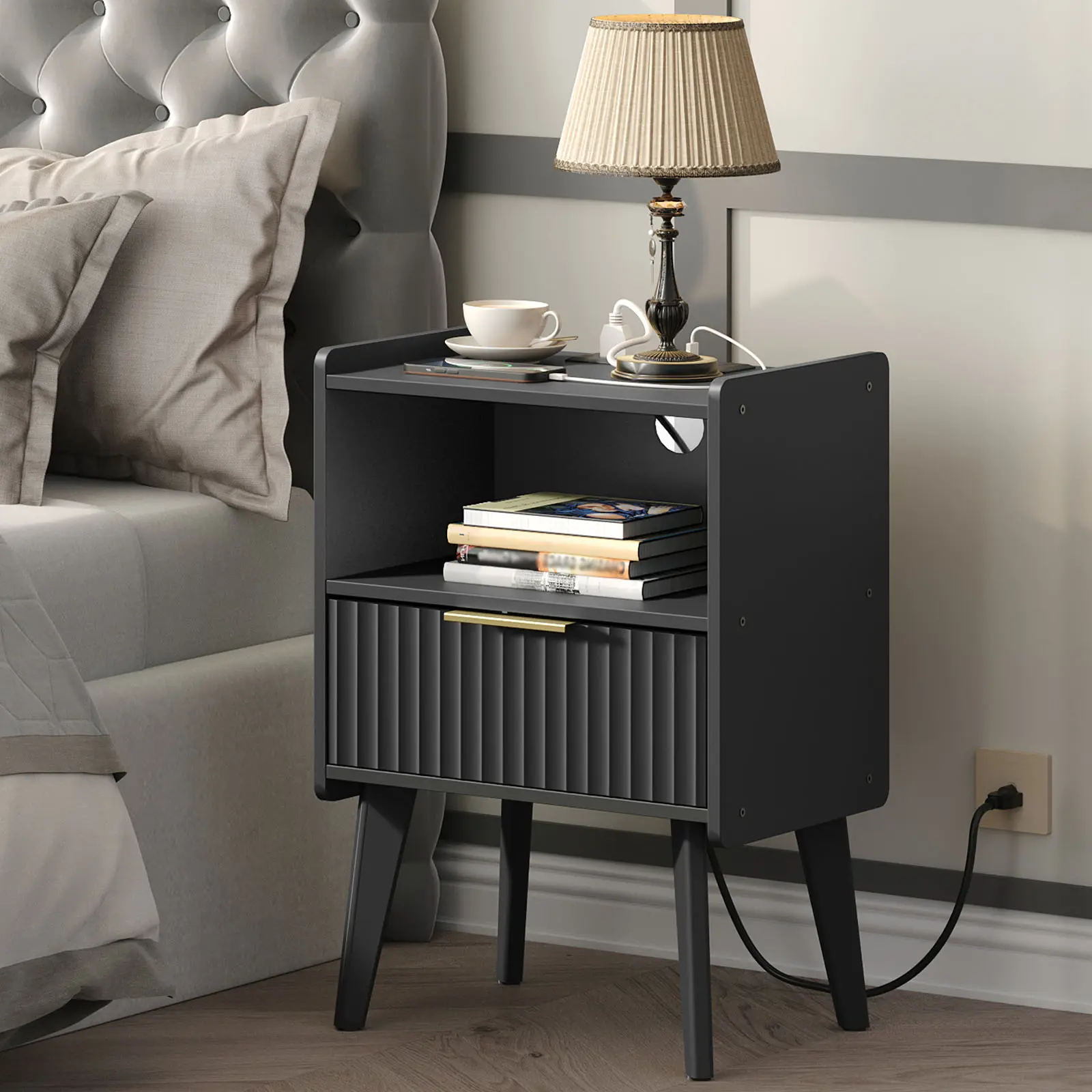MAHANCRIS Fluted Nightstand, Small Modern Bedside Table with Charging Station, Black End Table with Drawer, for Small Spaces, Bedroom, Living Room #SummerVibes#DealsforYouDays #SummerGarden